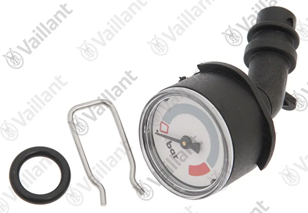 Vaillant-Manometer mit Anzeige für den Druck, Anschlussstück und Montagesatz bestehend aus einer Feder und einem O-Ring.